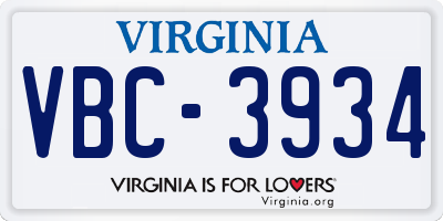 VA license plate VBC3934