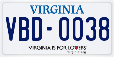 VA license plate VBD0038