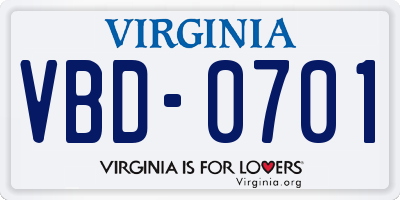 VA license plate VBD0701