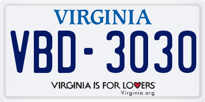 VA license plate VBD3030