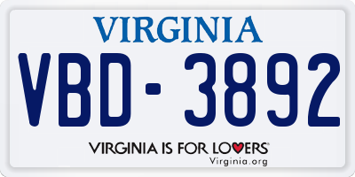 VA license plate VBD3892