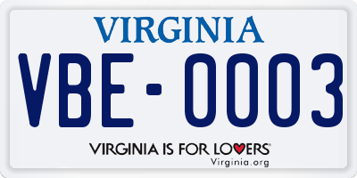 VA license plate VBE0003