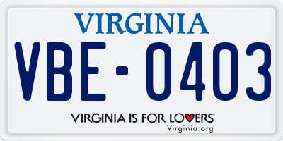 VA license plate VBE0403