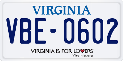 VA license plate VBE0602