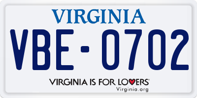VA license plate VBE0702