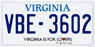VA license plate VBE3602