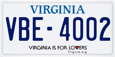 VA license plate VBE4002