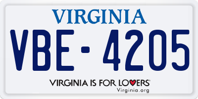 VA license plate VBE4205