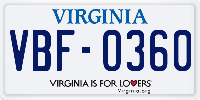 VA license plate VBF0360