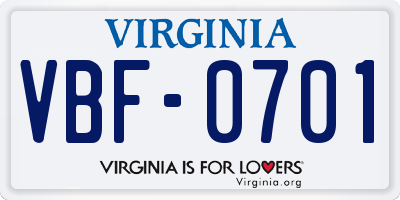 VA license plate VBF0701