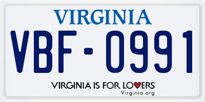 VA license plate VBF0991