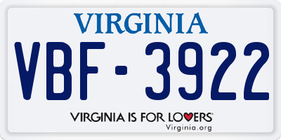 VA license plate VBF3922