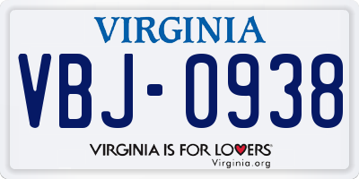 VA license plate VBJ0938