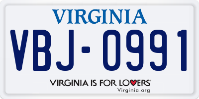 VA license plate VBJ0991