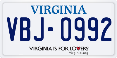 VA license plate VBJ0992
