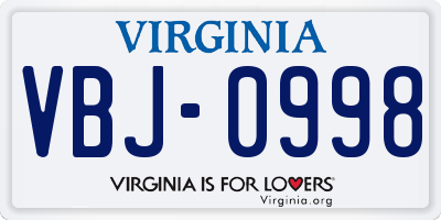 VA license plate VBJ0998