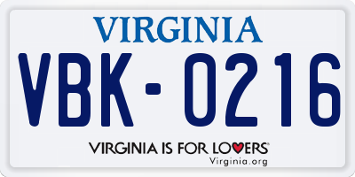 VA license plate VBK0216