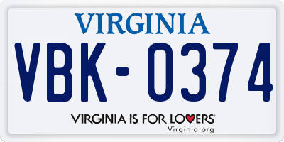 VA license plate VBK0374