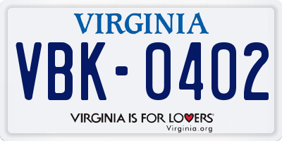 VA license plate VBK0402