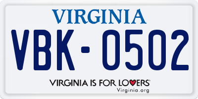 VA license plate VBK0502