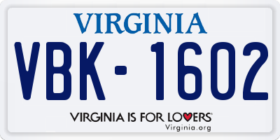 VA license plate VBK1602