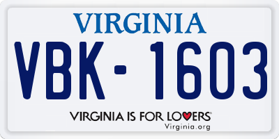 VA license plate VBK1603