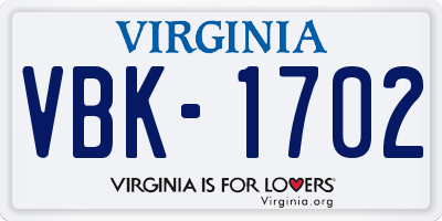 VA license plate VBK1702