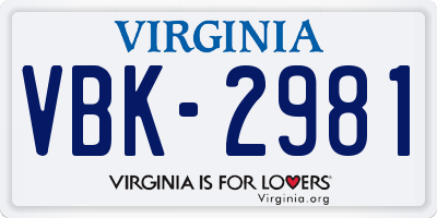 VA license plate VBK2981