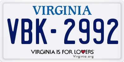 VA license plate VBK2992