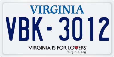 VA license plate VBK3012