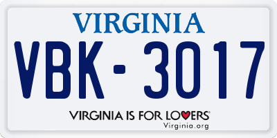 VA license plate VBK3017