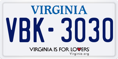 VA license plate VBK3030