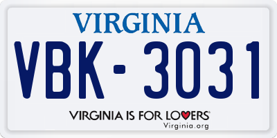 VA license plate VBK3031