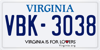 VA license plate VBK3038