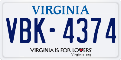 VA license plate VBK4374