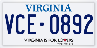 VA license plate VCE0892