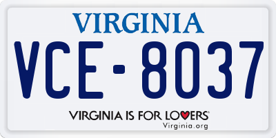 VA license plate VCE8037