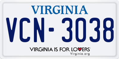 VA license plate VCN3038
