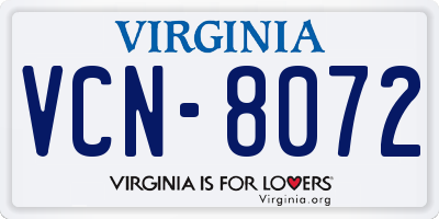 VA license plate VCN8072