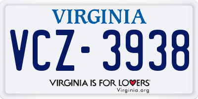 VA license plate VCZ3938