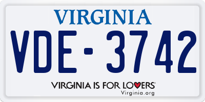 VA license plate VDE3742