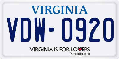 VA license plate VDW0920