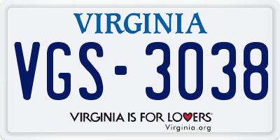 VA license plate VGS3038