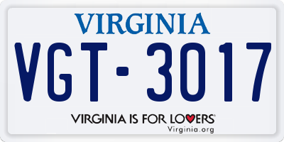 VA license plate VGT3017
