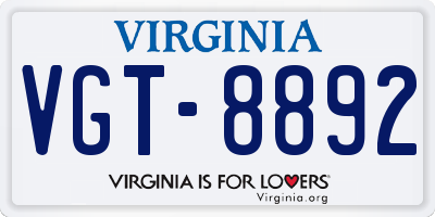 VA license plate VGT8892