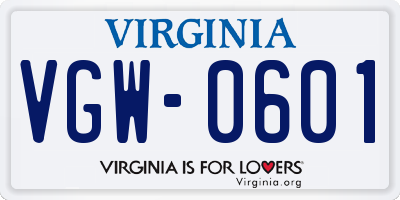 VA license plate VGW0601