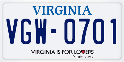 VA license plate VGW0701