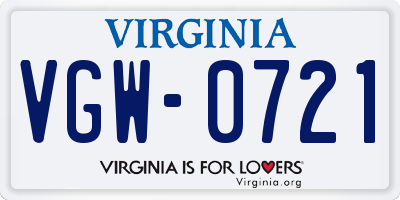 VA license plate VGW0721