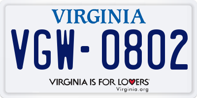 VA license plate VGW0802