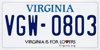 VA license plate VGW0803